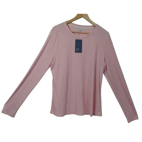 Crown & Ivy Pink Ribbed Long Sleeve Size XXL Crew Neck Pullover Shirt Top Casual - Picture 2 of 12